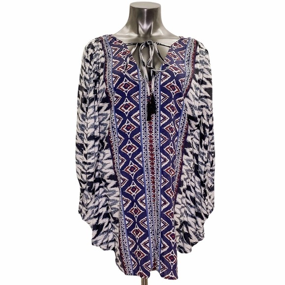 BOHO Aztec Print Keyhole Tassel Toe Poncho Blouse - Picture 2 of 8